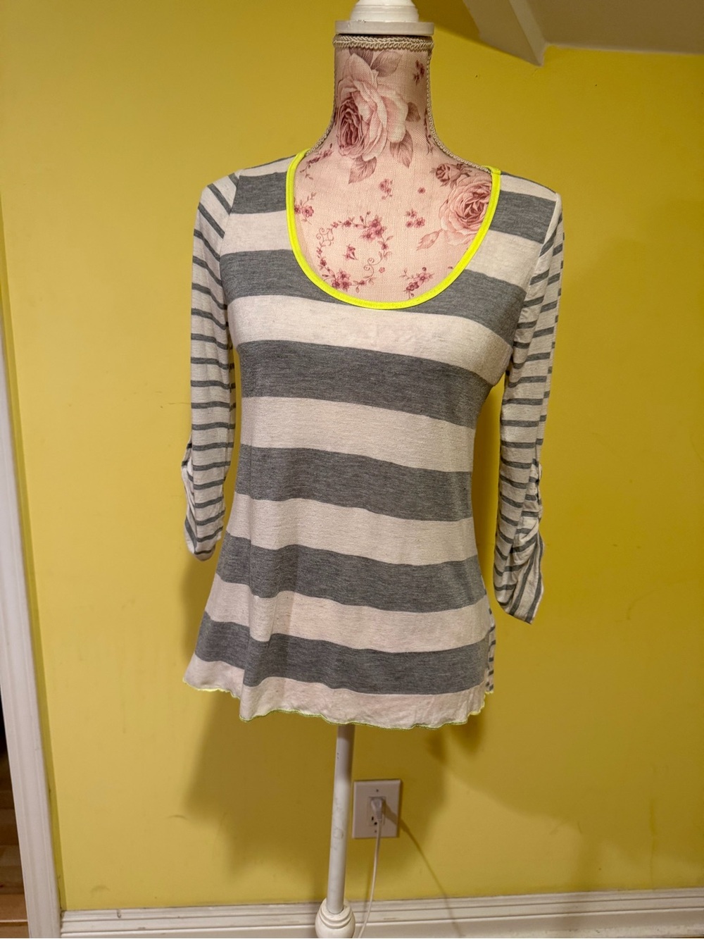 Self Esteem Gray and white Striped Scoop Neck Top with Neon Trim